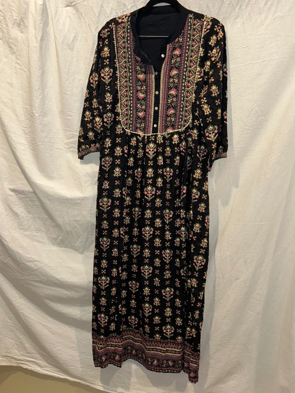 Indian Block Print black floral print Little House on the Prairie Festival dress